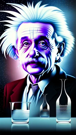Albert Einstein, detailed and intricate calligraphy ink painting of a "cyborg Mad Scientist" holding beakers, outer space Background cosmic fractals, dystopian, concept art, unreal engine 5, god rays, ray tracing, RTX, lumen lighting, ultra detail, volumetric lighting, 3d, finely drawn, high definition, high resolution. award-winning: professional portrait: atmospheric: commanding: fantastical: clarity: 16k: ultra quality: striking: brilliance: stunning colors: amazing depth: masterfully crafted