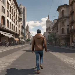 Animated drawing of a man walking headlong in the city of Bogotá front view 8k hyper-realistic front view