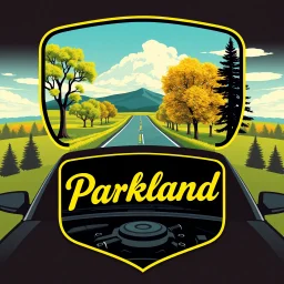 design for a shop that does oil changes, top has elements of beautiful park highway drive on flat land with elm and poplar trees, bottom shows the engine under car hood. on windshield is written "Parkland", all inside a shield shape with squared top and rounded bottom, in the style of national parks stickers