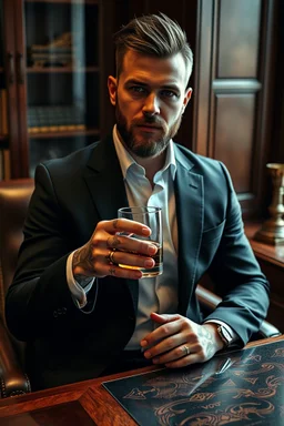 sharply dressed man in an all-black suit and shirt with detailed hand tattoos and a salt-and-pepper haircut and beard sitting at a mahogany desk holding a glass of whisky, photorealistic, 4k