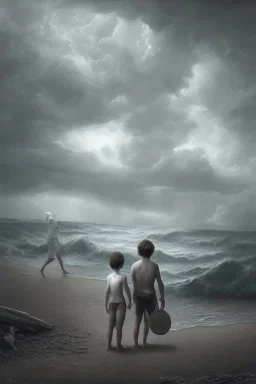 desaturated oil painting of boy next to man sleeping on beach, old clothes, dark storm clouds overhead, gloomy, bleak, little fires