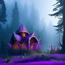 purple high elf in a misty enchanted forest