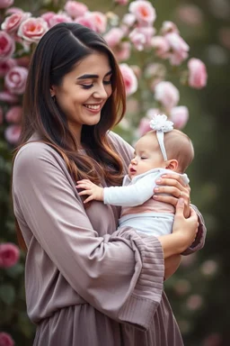 A mother holding a baby with love and compassion, great quality picture show flowers in the background in a romantic scene