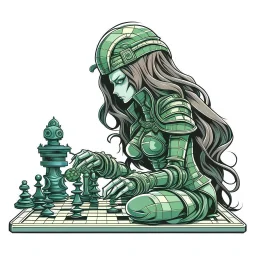 medusa in the style of cyber punk playing chess with a knight chess piece in her hand as a velcro patch