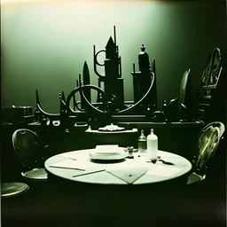 Close up polaroid photography of spooky room, eerie, table, Max Ernst, colored powder, Yves Tanguy, hypnotic, giant flowers, volumetric light, colors, details of the table very accentuated, filthy pieces of dismebered body, strong contrasts and dynamism