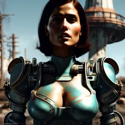 fallout 4 character, salma hayek windmill robot with axe in the streets of cyberpunk city filling up car, gaz station, unreal, spray paint, clay, vox model