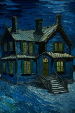 A dark blue ice covered house with siders designed in Scandinavian folk art painted by Vincent van Gogh