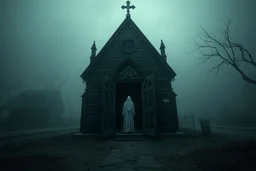 { "prompt": "A creepy, old church in the middle of a foggy, deserted town. The doors are ajar, and a pale, ghostly figure stands in the doorway, staring out into the fog. The atmosphere is dark and eerie, filled with a sense of foreboding.", "size": "1792x1024" }
