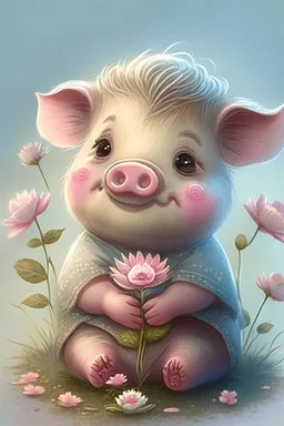 dorable cute happy baby scottish highland pig with dreamy eyes, sitting down and holding a flower, nursery art, very rendered polished Perfect, smooth edges, flawless Facial Features, Stunning, Whimsical Fantasy, Cute, Highly Detailed, Well Rendered, cartoon, illustration