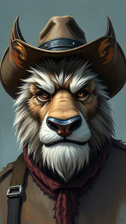 fantasy, oil color , humongous strokes, stylistic, portrait, illustration, furry, cowboy .personable face