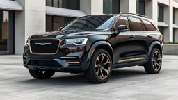 "Imagine a Chrysler 300C 2024 reimagined as a luxury SUV. It features a bold front grille, elevated stance, wide fender flares, and large chrome-trimmed wheels. The design blends elegance with rugged SUV elements, including full LED headlights, a panoramic glass roof, and chrome accents. The SUV is a deep metallic black with subtle gold detailing, set against a modern urban backdrop."
