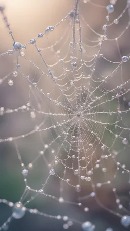 ground view perspective of a majestic spider web covered in water droplets, strings of pearls, a macro photograph, precisionism, net art, delightful surroundings, sparklings on top, crystal water, web of tendrils, soft pastel colors, crystal refraction of light, misty surrounding, fairy circles, with lots of glittering light, bokeh Modifiers: 4K 3D 层次感 局部特写 立体感 高质量 高分辨率