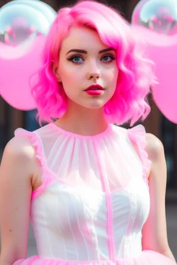 A pretty girl with a clear face, pink hair, wearing a white and pink bubble dress