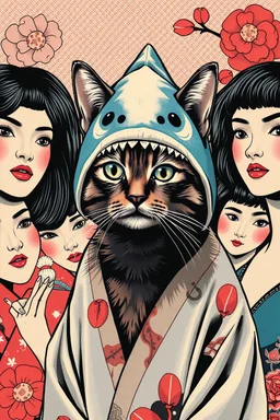 cat with shark mask hat solana surrounded by beautiful model women japanese style in the style of warhol