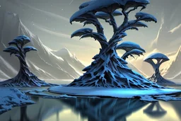 Ice blocks near one tree, night, lagoon reflection, sci-fi, epic,