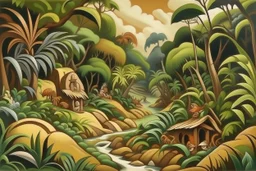 A tan rainforest with tribal huts painted by Thomas Hart Benton