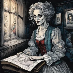 create an imaginative drawing of the pale translucent ghost of an aged Parisian gypsy female fortuneteller, clothed in tattered and ragged, ornate Napoleonic period dress, with finely detailed hair and feminine facial features, in the otherworldly shadows of the Paris catacombs, tarot cards and spell books scattered about, in the comic book art style of Bill Sienkiewicz, Mike Mignola, and Jean Giraud Moebius, finely textured, drawn, colored, and inked