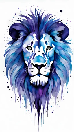 A captivating conceptual ink art piece in alcohol paint, where the paint strokes artfully merge to form the silhouette of a lion. The figure is composed of a series of colored dots, lines, and spots that evoke the image of a cosmic galaxy. The predominant colors are deep shades of blue, purple, and black, with flashes of white and silver representing distant stars. The woman's silhouette is formed from constellations of stars scattered across the canvas, creating a sense of mystery