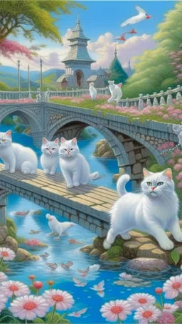 in the center: beautiful chunky white cats playing on a bridge with grey mice, under the brigde flows a small blue river; background: landscape, first plan: pink flowers: white clouds in shape of cats