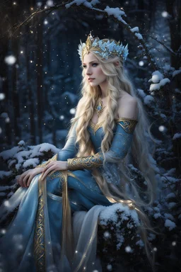 Elven princess,elven crown,long blonde golden hair,rapunzel hair,ice flowers,beautiful,light blue,dark blue,golden armor,sparkle,glitter,ice flowers,snow,elven ears,dark fairy princess