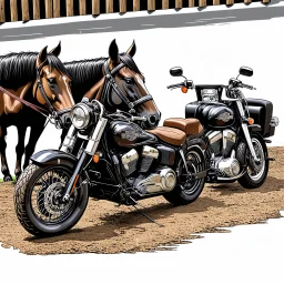 a new harley davidson pan america 1250 motorcycle, next to a new Indian Springfield Dark Horse bagger motorcycle. next to a horse who's facing away and tied by the reins to a wood railing. white background. dirt ground. silkscreen style image