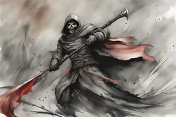 scythe, create in inkwash and watercolor, in the comic book art style, highly detailed, gritty textures,