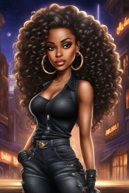 Create a digital airbrush cartoon of an African American female wearing a black jean outfit with timberland boots. Prominent make up with hazel eyes. She is wearing large diamond hoop earrings. Extremely highly detailed very long curly hair that shines. Background of a night club.