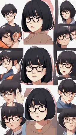 a close up of a person wearing glasses, kpop amino, flat icon, girl wearing round glasses, short black hair with bangs, dora the explorer as real girl, style of hajime isayama, profile picture 1024px, small round face, short bob hair, twitter pfp, photo of the girl, !!wearing modern glasses!!, || very anime