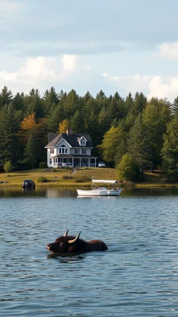 A house by the lake , a boat in the lake , many trees in the background, a car is parked by the house, a beast in the lake.