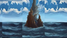 a thick hollow twisting tree trunk rises out of the raging sea, a whirlpool inside the base of center of the ocean inside the hollow part of the trunk, masterpiece, painting style, realism