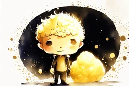 cute chibi mark zuckerberg with a big garlic in sunshine, watercolor and black in outlines, golden glitter, ethereal, cinematic postprocessing, bokeh, dof