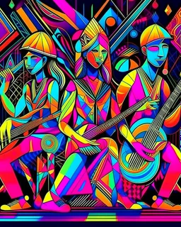 psychedelic musicians with geometrical patterns and neon colors