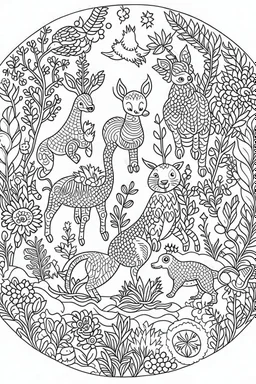 A cute Zen garden with adorable animals amidst floral patterns, Coloring page for kids, cartoon style, thick outline, low details, no shading, no color