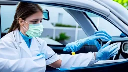 nurse giving covid test in car