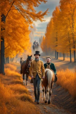 Fascinating, ultra-realistic nature in the photo. Golden autumn. A 32-year-old Russian man in the clothes of a 19th-century landowner in Russia walks along the path with his head raised to the sky, a smile on his face. He is FOLLOWED by a cart drawn by three horses with a coachman. In the background is the Russian estate of a 19th-century nobleman.