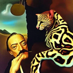 Salvador Dali with his pet ocelot Babou , hypperealism , surrealism , outlandish , extreme, high definition , high detailed, vivid deep colours,triple colors complex, oil on canvas ,8k portrait,sharp,beautiful faces ,beautiful eyes ,elegant moustache, focus, close up, fantasy view ,masterpiece, by Salvador Dali .