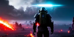 apocalypse, chaotic, magnificent, realistic, colorful, massive, epic, cinematic, 8k, HD, Ultra High Definition, ray tracing, photo film, film grain, Chromatic Aberration, hyper-detailed, anthropomorphic android space army human soldier, dark muted Alien fire world