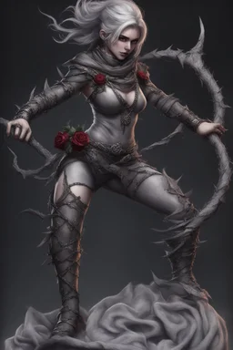 female gray skin, Shadar-Kai wielding a Whip made out of black thorns, clothes with a dark rose theme