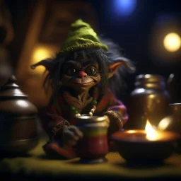 hairy pimp groove funk goblin gremlin hippie in weird home camper holding magic glowing shining potion, prize winning oil painting, ,bokeh like f/0.8, tilt-shift lens 8k, high detail, smooth render, down-light, unreal engine