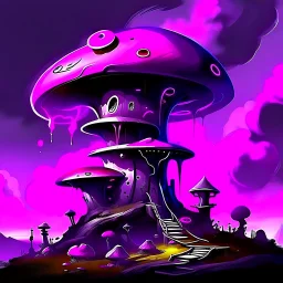 A fantabulous black, magenta and purple (((mushroom tower house))) erected atop a (geologic pillar), surrounded by the uncanny imaginative ((( swirling skies))), offset by the stark hues of a (neon-tinged nebulous space scape), within. captured by the hand a skilled master painter with a focus on (softly blurred compositions and voluminous lighting).