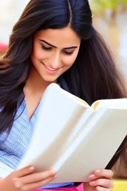 Pencil sketch of Young woman, Arab features, long wavy hair, reading a book, full body، on lined paper