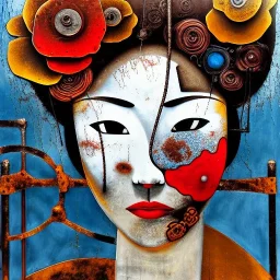 an abstract painting of rusted metal and flowers, Geisha portrait, rust, scaffolding, iron cladding, decay, mixed media, textured, anatomically correct, beautiful perfect face, sharp focus, highly detailed by Joan miro 8k