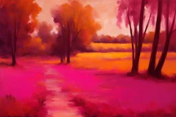 impressionism landscape in magenta, and brown color.