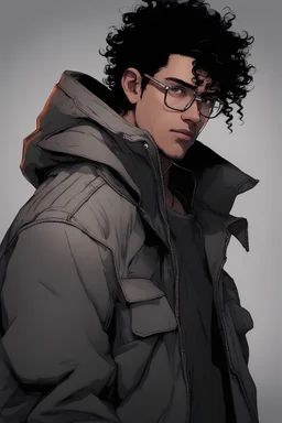 A 27-year-old young gentle man, with curly black hair, a thick chin, and wearing glasses, black clothes, hoodi, cyberpunk