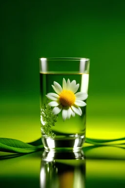 Daisy flower in a drinking glass against green background