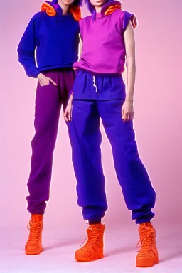 year 1994 women fashion. Karjalainen kuvio, Karjala, "summer combat suit trouser" with low waist, baggy, Combat pants, t-shirt and interesting hoodie with high tippet integrated to bolero. Colors: denim blue, blue, purple, khaki, "pastel light green", lilac, plum, orange, terracotta, red, pink, dark blue, beige. Women models. Starling pattern prints.Jennifer Lopez, Gwyneth Paltrow. intgrated bag. Big tennis shoes on. Cargo pants. Hat with a visor, integrated to AKG-style headphones.