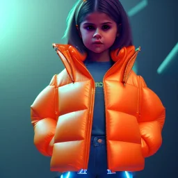 3d render, Selena Gomez toddler, full body, orange puffer jacket, dramatic lighting, volumetric lighting, concert background, hyper realistic, unreal engine 5, 8k, UHD,