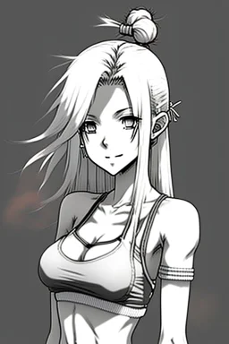 slim girl in bikini with blonde hair and two pigtails, manga style, cool pose, greyscale