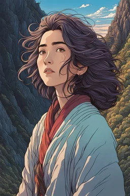 full color portrait of a lone woman with highly detailed hair and facial features, trekking along a spirit haunted mountain trail, pierced by shafts of early evening light , art in the style of spirited away, studio ghibli, 8k , finely detailed and precise line work