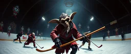 pin hole cam, master oil painting by Rembrandt, d&d glam rock and glitter vampire gremlin illithid and lich playing hockey in ice skating hall or church